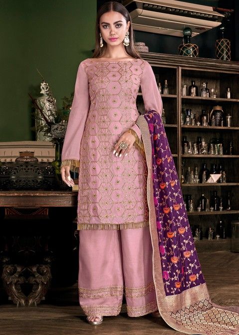 Light Pink Satin Embroidered Palazzo Suit