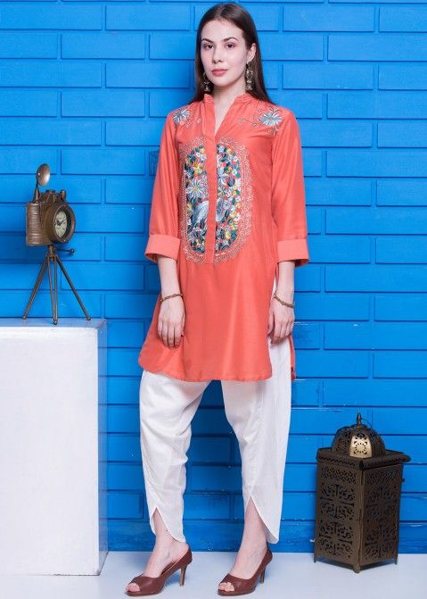 Readymade Orange Floral Embroidered Kurti With Pant