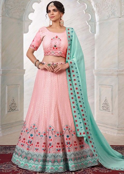 Buy Peach Tulle Lehenga Set With Blue, Pink and Peach Embroidery by  Designer TAMANNA PUNJABI KAPOOR Online at Ogaan.com