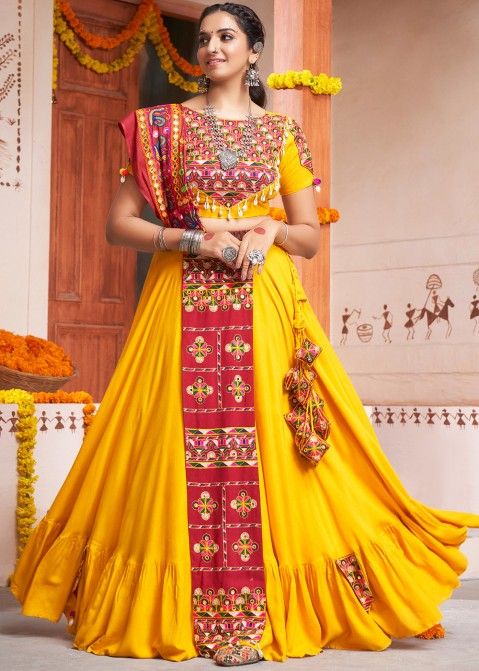Mustard Yellow and Red Brocade with Zari Lehenga | Party wear lehenga,  Latest bridal lehenga, Saree designs