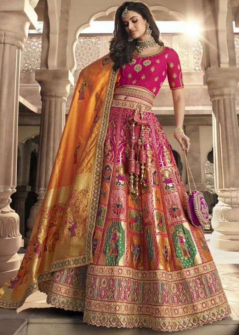 Buy Pink and Yellow Banarasi Silk Lehenga Choli Online India USA UK – Sunasa