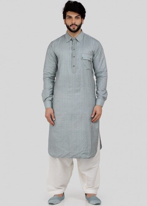 Pathani for Men - Buy Readymade Grey Linen Pathani Suit For Men Online USA