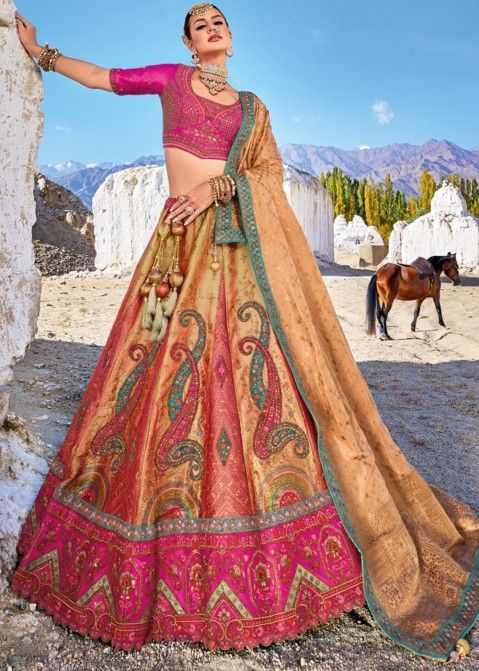 Orange banarasi silk floral lehenga choli | Combination dresses, Indian  wedding outfits, Orange color combinations dress