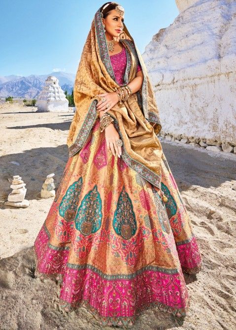 Pakistani Wedding Lehenga Pink with Orange Silk Chaniya Choli-Andaaz Fashion