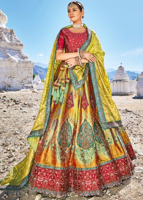 Raw Silk Sequins Lehenga Choli in Multi Colour -