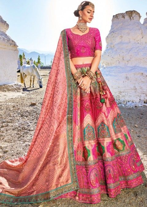 Pink Embroidered Banarasi Silk Bridal Lehenga Choli Online USA