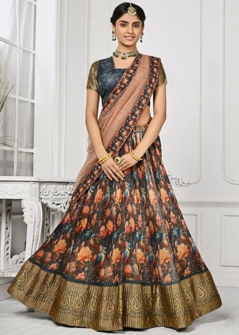 Buy Multi Color Art Silk Print Floral Block Lehenga Set For Girls by  Vivedkids Online at Aza Fashions.