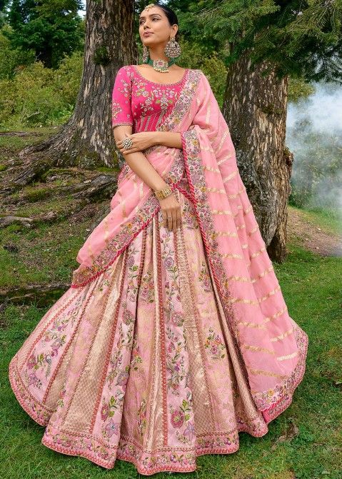 Pink Zari Woven Lehenga Choli In Art Silk