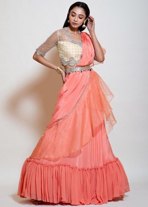 Peach Lehenga Style Ruffle Designer Saree Online With Heavy Blouse