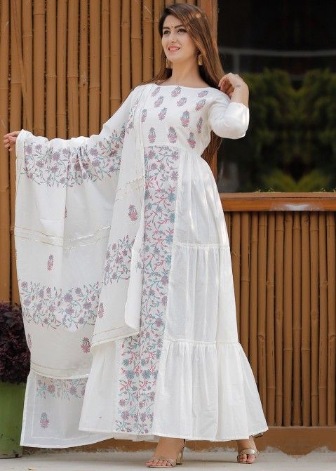 Readymade White Tiered Block Print Suit With Dupatta