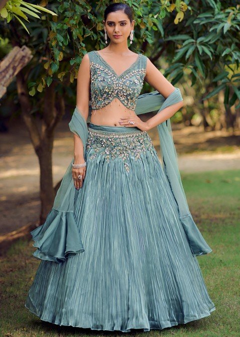 Buy Rani Pink Pleated Lehenga And Blouse With Frilled Sleeves In Organza  KALKI Fashion India