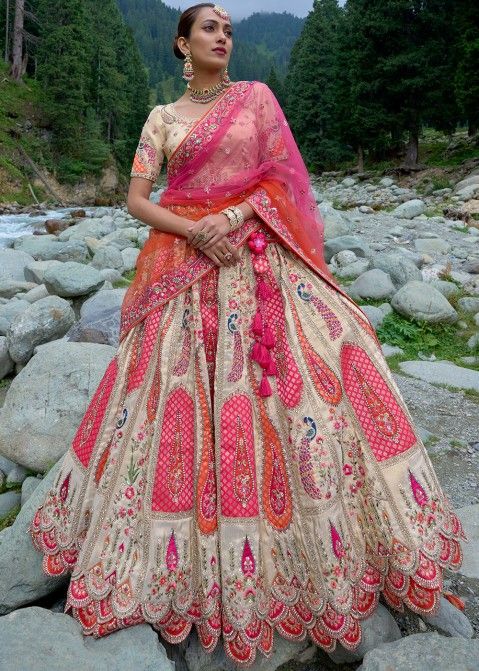 Shop Beige Viscose Embroidered Bridal Lehenga Choli Set Online Panash India