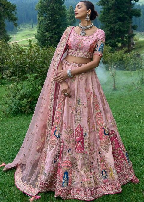 Shop Pink Embroidery Bridal Lehenga Choli In Viscose USA