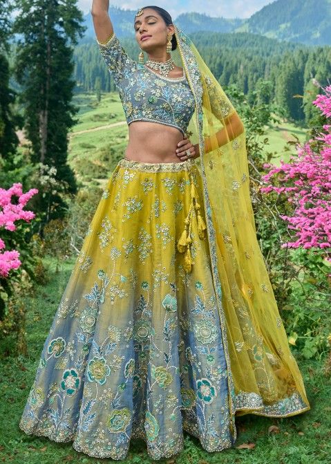 Perfect colour yellow and green lehenga with floral 3d work .. For summer  mehendi function | Half saree lehenga, Wedding lehenga designs, Indian  designer outfits