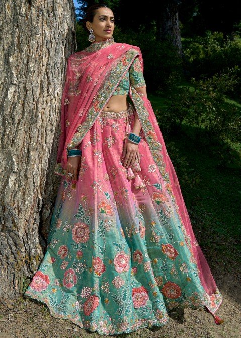 Buy Pink with Green Silk Lehenga with Silk Choli Online -Andaaz Fashion