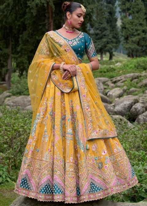 Buy Wedding Wear Light Yellow Embroidery Work Net Silk Lehenga Choli Online  From Surat Wholesale Shop.