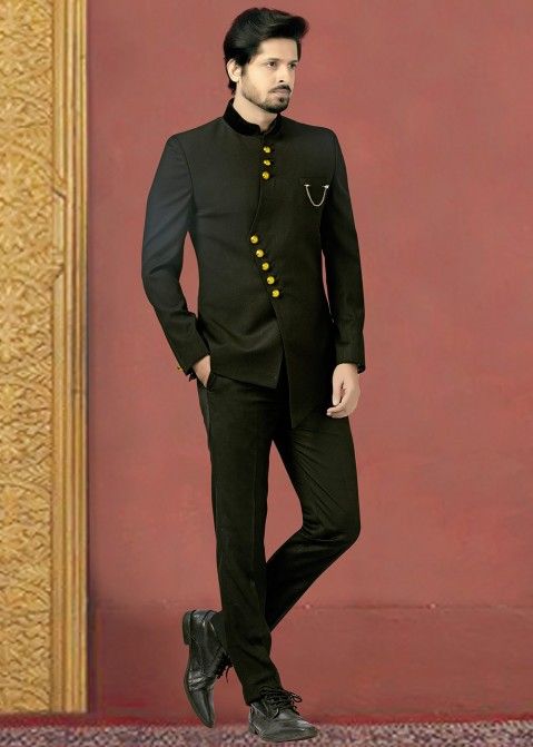 Black Asymmetric Rayon Jodhpuri Style Suit