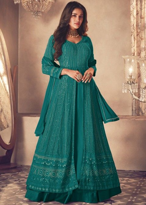 Shop Teal Blue Embroidered Georgette Lehenga In Kurti Style Online Panash India