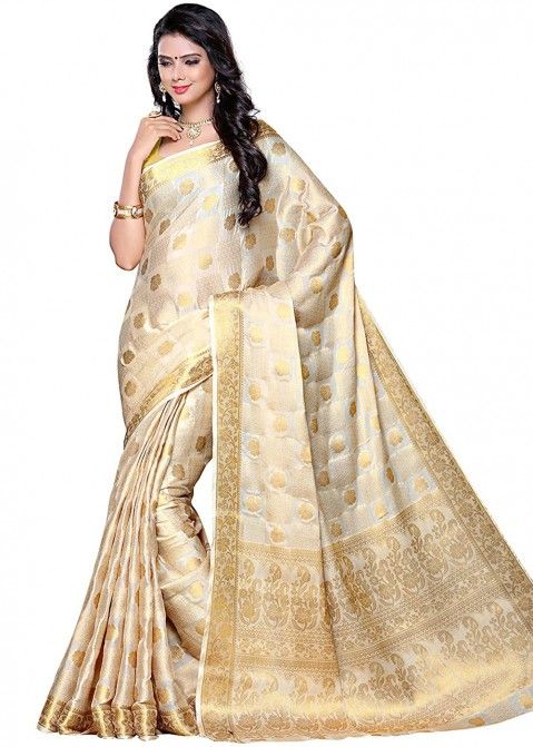 Fashion Blouses Zari Embroidered Bangalori Silk Off White Saree|SARV118826