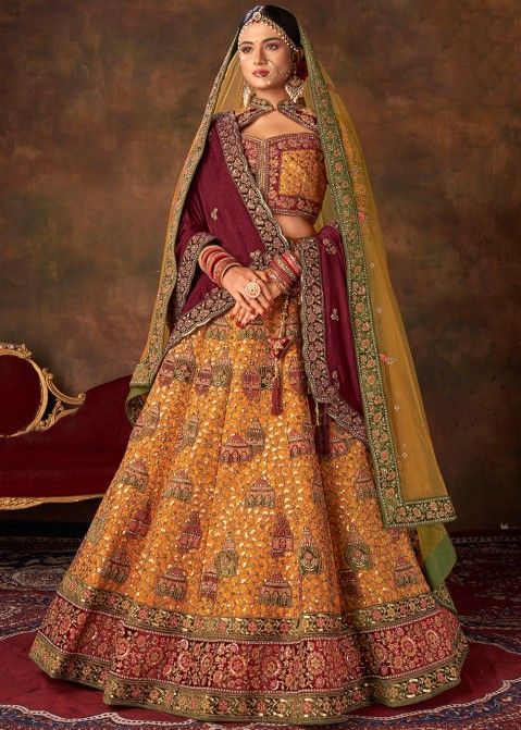 Shop Yellow Stone Work Indian Bridal Lehenga Choli In Silk Panash India USA