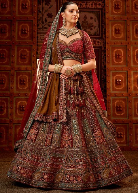 Taupe & Red Designer Embroidered Wedding Lehenga Style Anarkali Suit |  Saira's Boutique