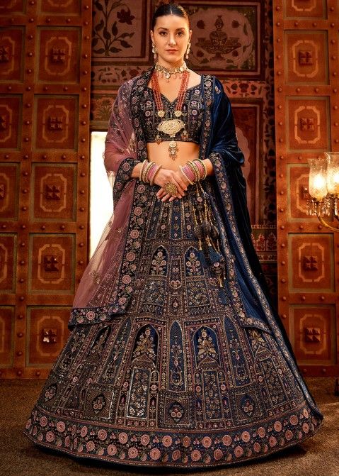 Buy Blue Embroidered Indian Designer Bridal Lehenga Choli In Velvet USA