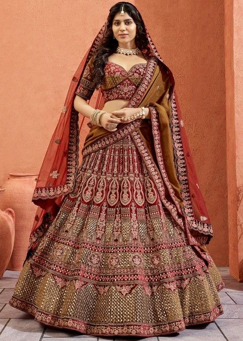 Zari Designs On Red Designer Bridal Lehenga Choli In Satin Fabric