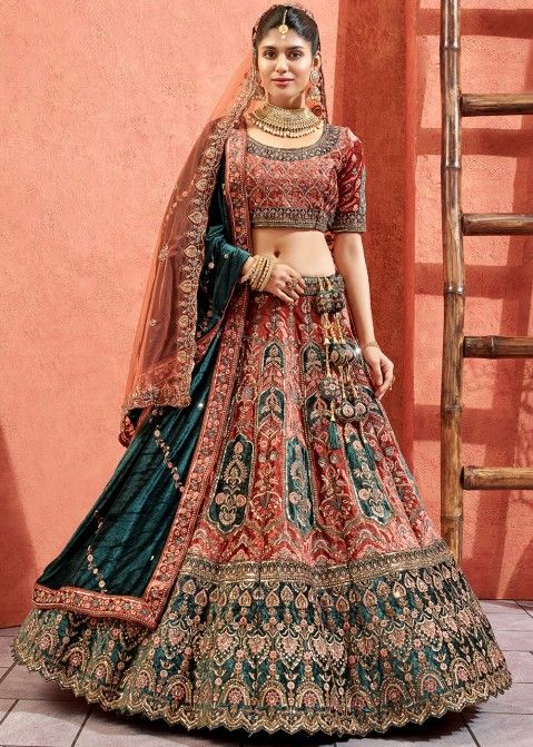 Red & Peach Floral Embroidered Bridal Lehenga by HER CLOSET for rent online  | FLYROBE