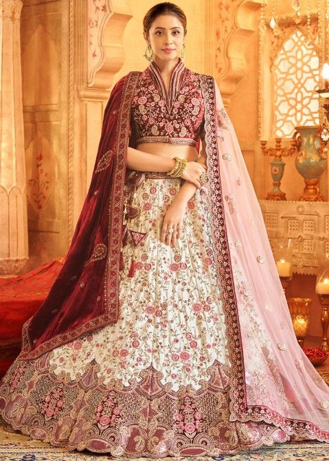 Readiprint Fashions Cream-Coloured & Red Embroidered Mirror Work Unstitched  Lehenga & Blouse With Dupatta Price in India, Full Specifications & Offers  | DTashion.com