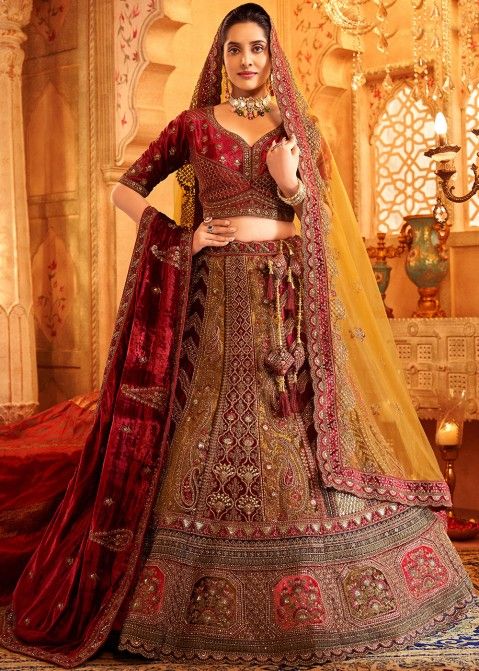 Buy Multi-Color Sequence Velvet Bridal Lehenga Choli from Ethnic Plus