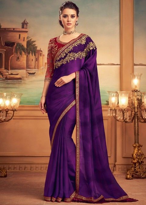Thread Embroidered Bridal Purple Silk Saree