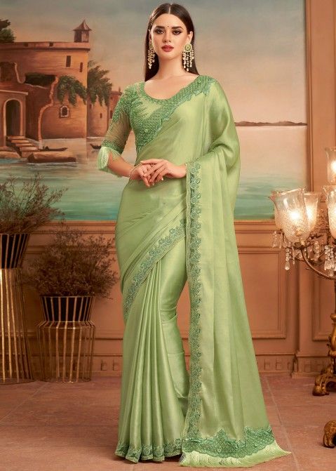 Light Green Embroidered Bridesmaid Silk Saree