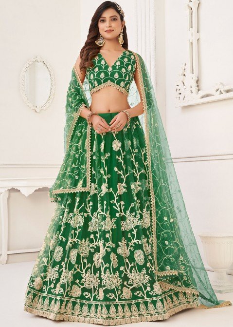 Buy Green Sequins Georgette Lehenga Choli Online At Zeel Clothing