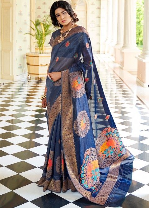 Blue Woven Silk Saree With Blouse