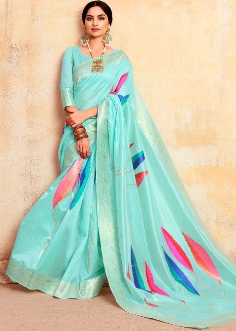 Woven Light Blue Saree With Blouse In Silk