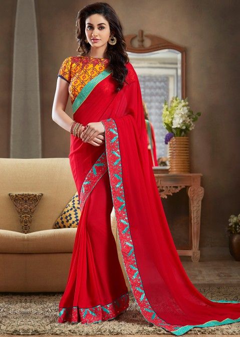 Red Georgette Saree With Embroidered Heavy Blouse