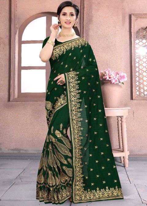 Woven Art Silk Saree in Golden and Green : SJDA186