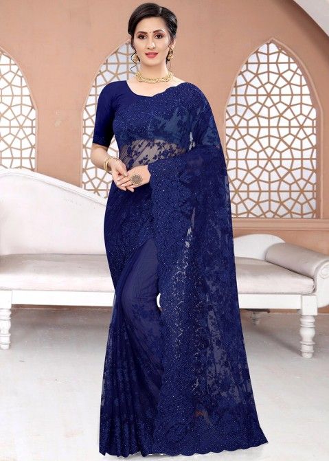 Spectacular Navy Blue Designer Indian Traditional Round Neck Saree Blo –  Saris and Things