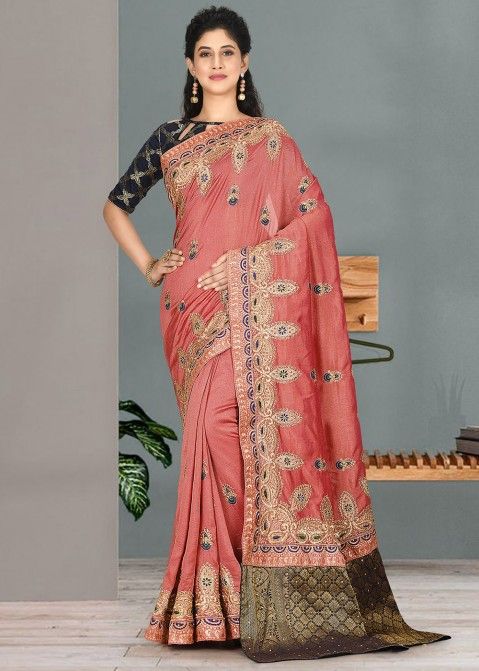 Embroidered Peach Saree With Contrast Blouse