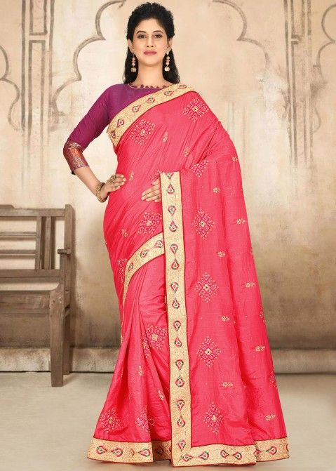 Pista Color Women Saree in Vichitra Silk With Heavy Embroidery Lace Border  and Blouse in USA, UK, Malaysia, South Africa, Dubai, Singapore