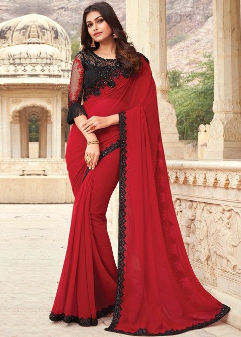 Red Georgette Saree With Embroidered Heavy Blouse