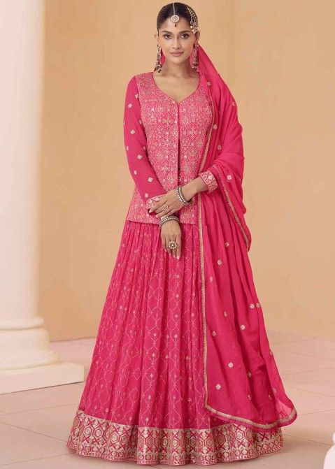 Readymade Pink Kurti Style Lehenga In Zari Embroidery