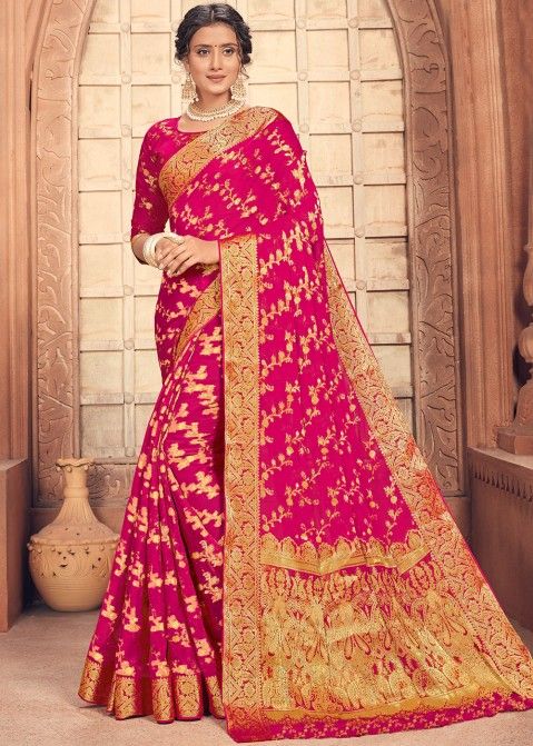 Magenta Zari Embellished Heavy Silk Saree