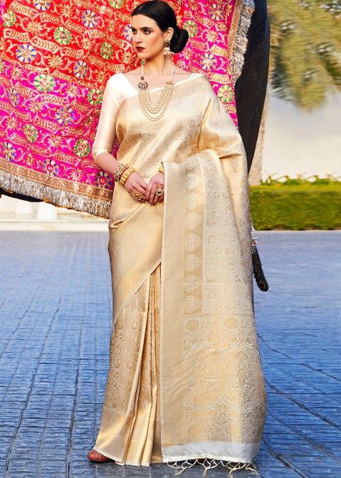 Golden Zari Woven Saree In Kanjivaram Silk