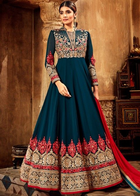 Blue Georgette Embroidered Anarkali Suit