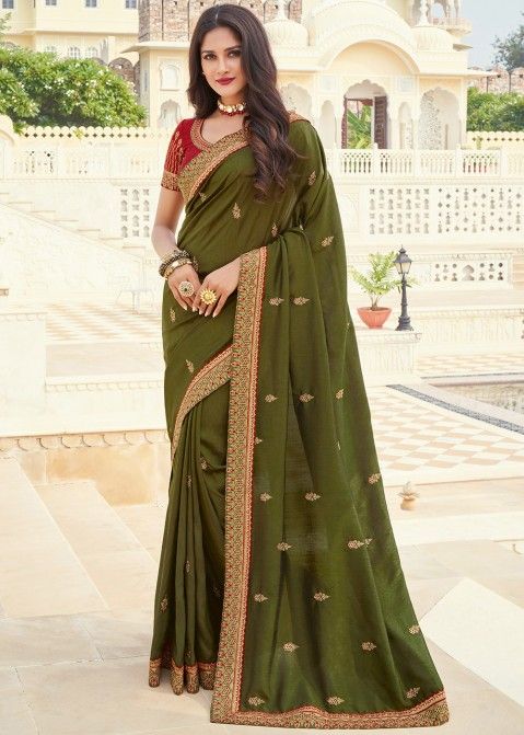 Embroidered Silk Blouse With Green Saree