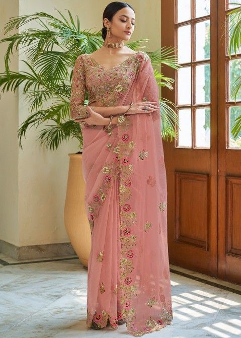 Elegant Peach Organza Bridesmaid Saree With Embroidery