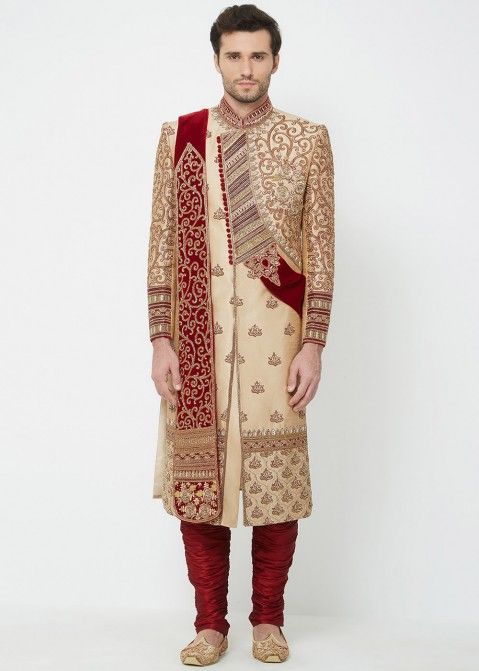 Golden Silk Groom Embroidered Sherwani With Stole