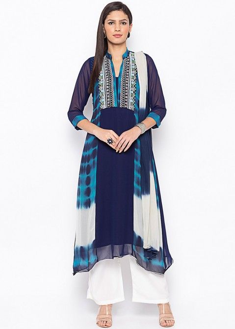 Readymade Blue Tie-Dye Printed Pant Salwar Suit
