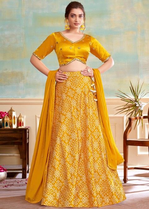 Yellow Readymade Printed Lehenga Choli In Art Silk